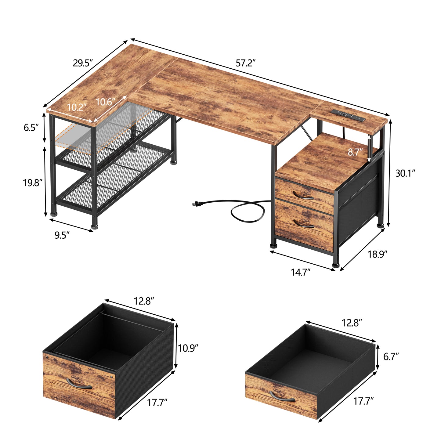 Korfile 57 Inch L Shaped Gaming Desk with Power Outlets, Reversible Computer Desk with 2 Fabric Drawers & Printer Stand, Office Desk with Mesh Shelves, Rustic Brown