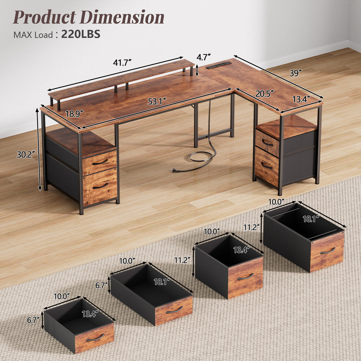 Korfile 65" L Shaped Computer Desk with File Drawer, Rustic Brown | Home Office Desk w/ 4 Drawers, LED Lights, Reversible, Monitor Stand, Gaming Table for Corner Space, Ideal for Study, Writing