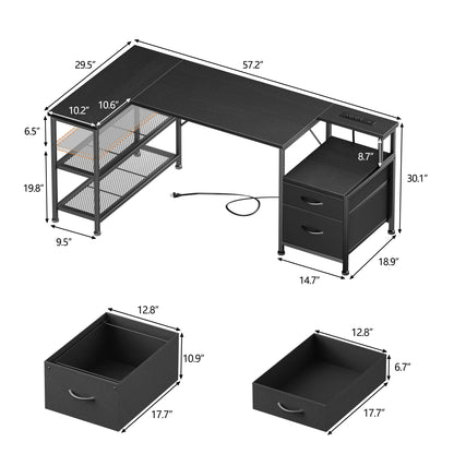 Korfile 57 Inch L Shaped Gaming Desk with Power Outlets, Reversible Computer Desk with 2 Fabric Drawers & Printer Stand, Office Desk with Mesh Shelves, Black