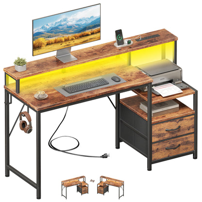 Korfile 47 inch Gaming Desk with Power Outlets & Storage Shelves, Reversible Computer Gaming Desk with Fabric Drawers and Monitor Stand, Corner Gaming Table for Home Office, Work, Writing, Gaming