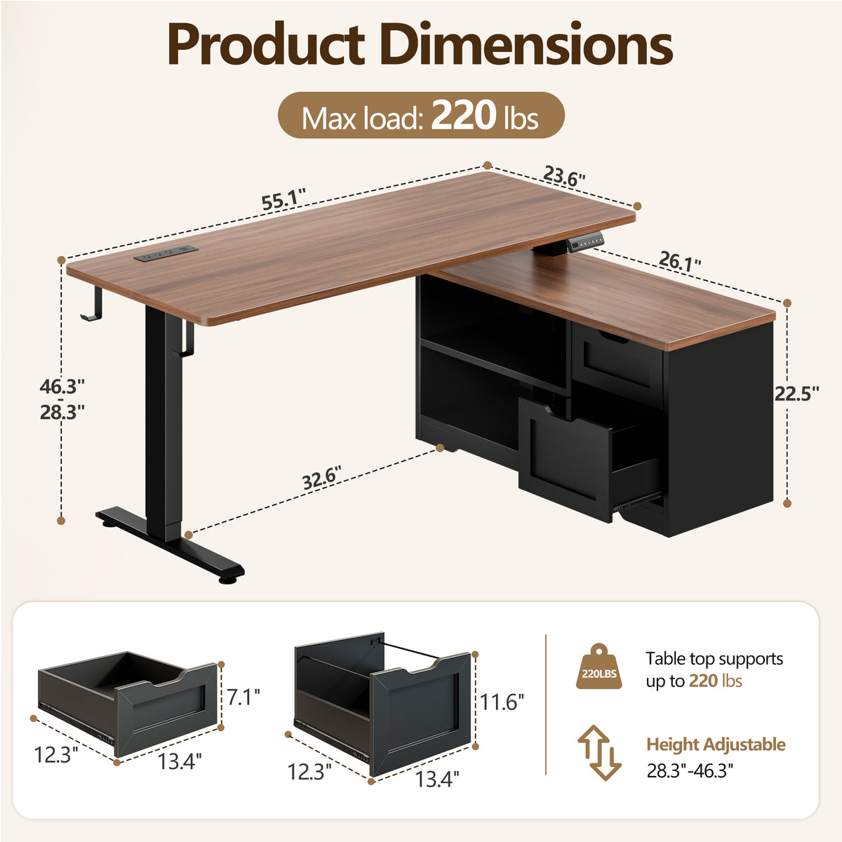 Korfile
 55"
 L
 Standing
 Desk
 with
 Storage
 Drawers,
 Memory
 Preset,
 Outlets