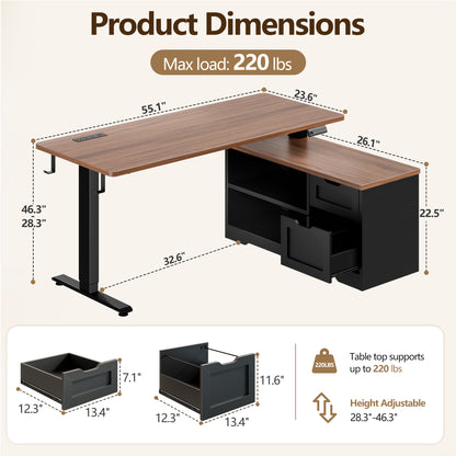 Korfile
 55"
 L
 Standing
 Desk
 with
 Storage
 Drawers,
 Memory
 Preset,
 Outlets