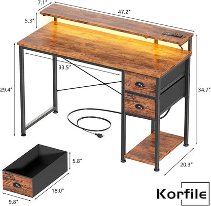 Gaming Desk with Power Outlets & LED Lights - 2 Drawers, Reversible, Full Monitor Stand
