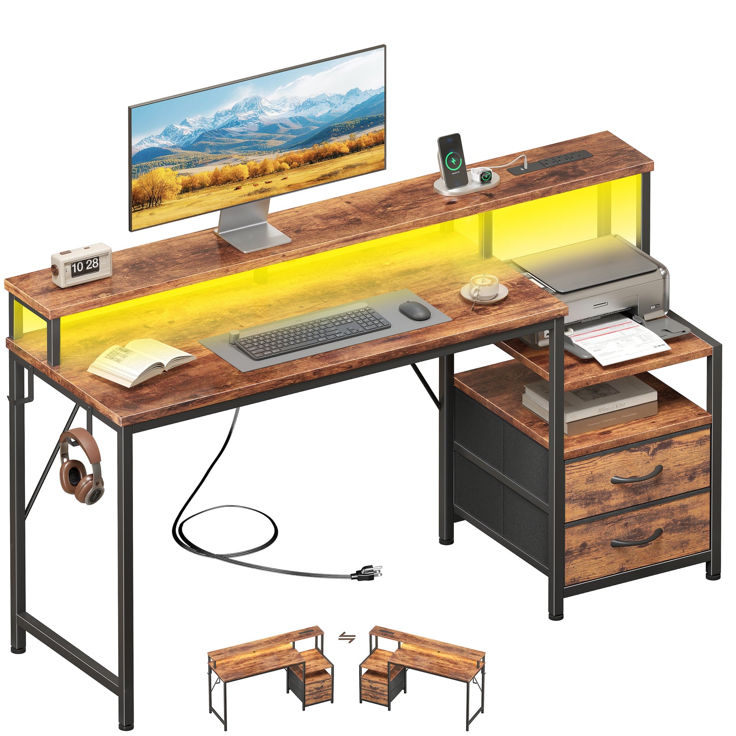 Korfile 55 inch Gaming Desk with Power Outlets & Storage Shelves, Reversible Computer Gaming Desk with Fabric Drawers and Monitor Stand, Corner Gaming Table for Home Office, Work, Writing, Gaming