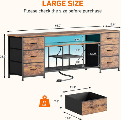 Korfile 63 Inch LED TV Stand for Bedroom, Entertainment Center with Power Outlets & 6 PU Leather Drawers, Media Console Table with Open Storage Shelves for 55-70 Inch TV, Living Room, Rustic Brown