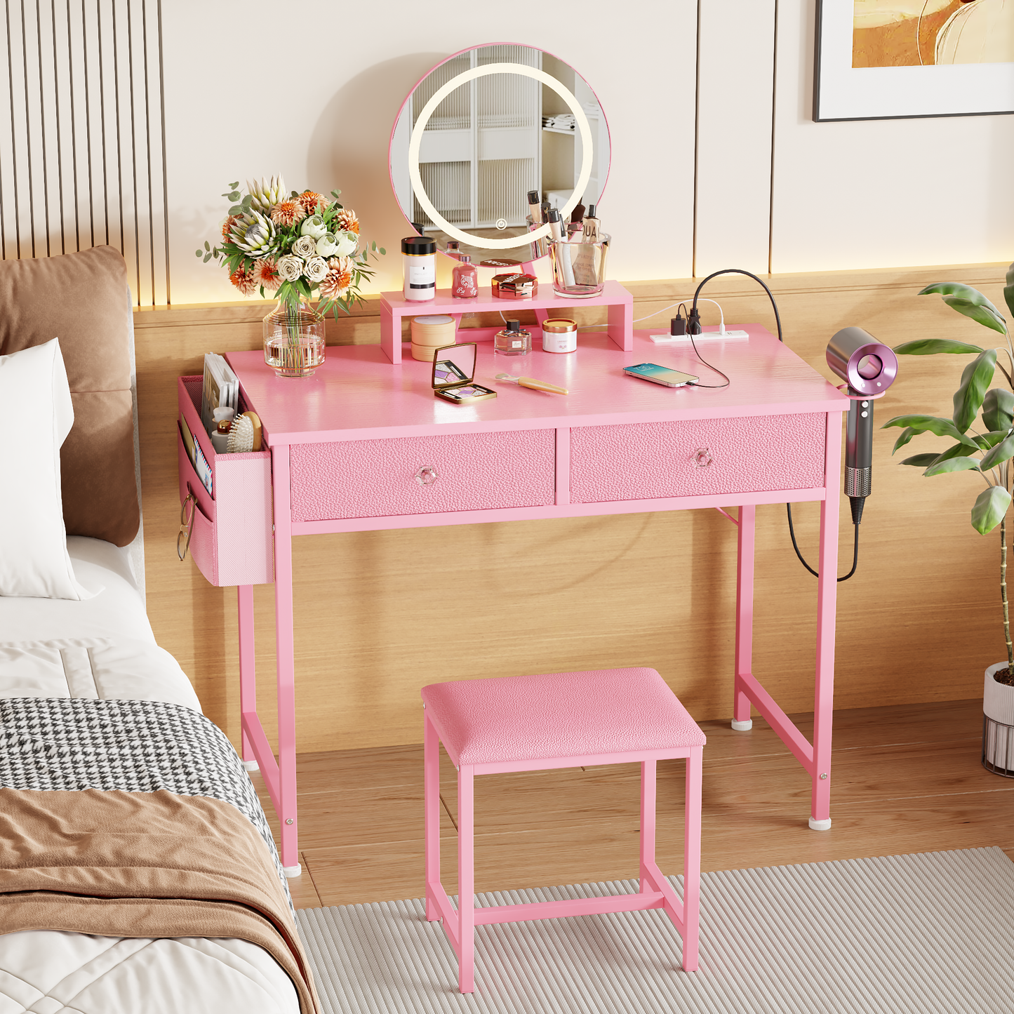 Vanity Desk with Mirror and Light, Makeup Table Set with Chair for Girls Teen, Make Up Dresser with 2 Drawers and Power Outlet, 32 Inch  Dressing Table with Cushion Stool for Bedroom, Pink