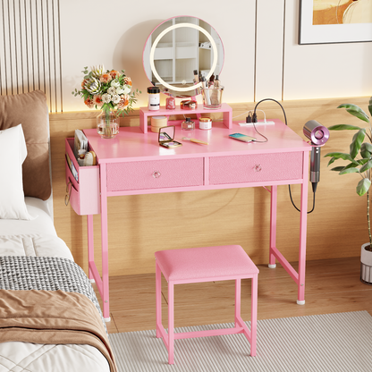 Vanity Desk with Mirror and Light, Makeup Table Set with Chair for Girls Teen, Make Up Dresser with 2 Drawers and Power Outlet, 32 Inch  Dressing Table with Cushion Stool for Bedroom, Pink