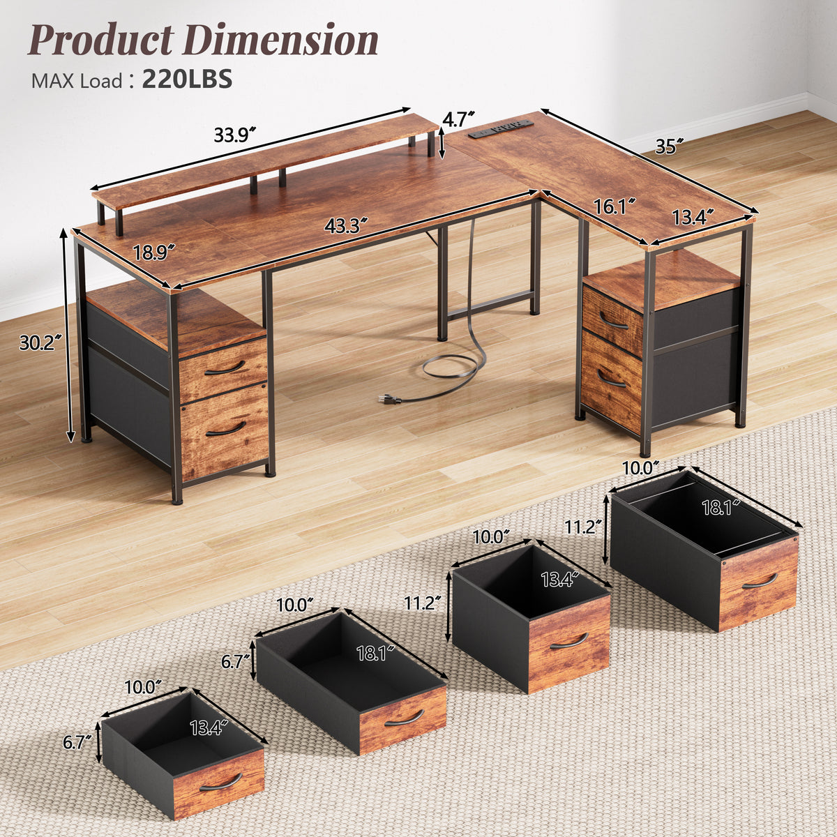 Korfile 57" Computer L Shaped Desk w/File Drawer, Rustic Brown | Home Office Desk w/ 4 Drawers, LED Lights, Reversible, Monitor Stand, Gaming Table for Corner Space, Ideal for Study, Writing