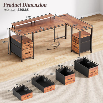 Korfile 57" Computer L Shaped Desk w/File Drawer, Rustic Brown | Home Office Desk w/ 4 Drawers, LED Lights, Reversible, Monitor Stand, Gaming Table for Corner Space, Ideal for Study, Writing