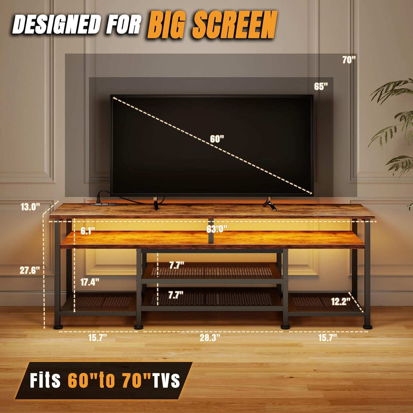 Korfile TV Stand for 60/65/70 inch TV,63 InEntertainment Center with LED Lights and LED Lights, TV Console Table with Open Shelves for Living Room and Bedroom, Rustic Brown