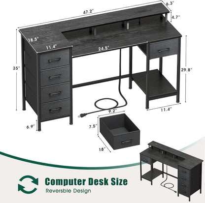 Korfile 47 Inch Gaming Desk with Power Outlets and LED Lights, Reversible Computer Desk with 5 Fabric Storage Drawers, Home Office Desk with Monitor Stand for Working Writing Study, Black