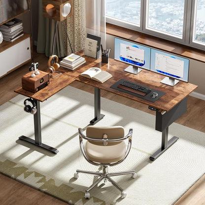 L Shaped Electric Standing Desk,63 Inch Adjustable Height Sit to Stand Corner Desk with Memory Presets,Reversible Computer Table for Home Office,Work and Study,Rustic Brown