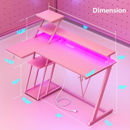 Korfile 40 Inch Pink Gaming Desk with LED Lights & Power Outlet, Small Gaming Computer Desk with Storage Shelves, L Shaped Gamer Workstations with Monitor Stand for Bedroom