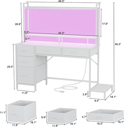 47" Modern Gaming Desk with Hutch - Power Outlets, LED Lights & 5 Drawers | 2-Tier Display Shelves for Home Office & Bedroom