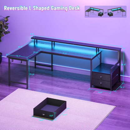 66'' L Shaped Gaming Desk with Drawers and Storage Shelves, Reversible Corner Desk with Power Outlets and Host Stand, Large Computer Desk with Led Lights for Gaming, Work, Home Office, Black