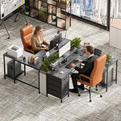 Korfile 59 inch L Shaped Computer Desk with Power Outlets, Home Office Desk with 4 Adjustable Storage Drawers & 2 Monitor Stands, Two Person Gaming Table for Bedroom, Grey