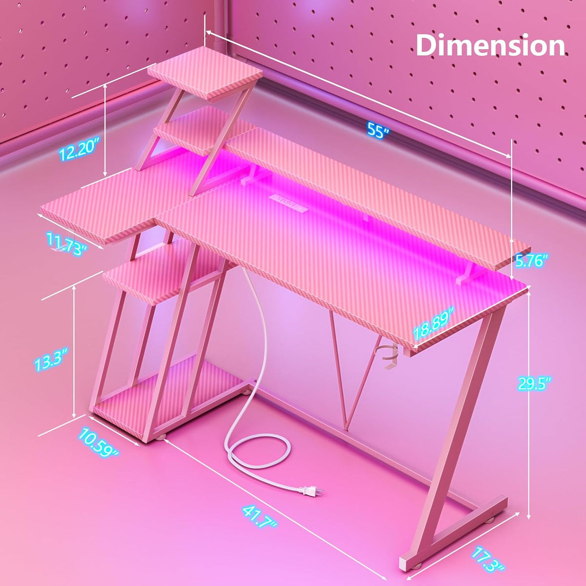 Korfile 55 Inch Pink Gaming Desk with LED Lights & Power Outlet, Gaming Computer Desk with Storage Shelves, L Shaped Gamer Workstations with Monitor Stand for Bedroom