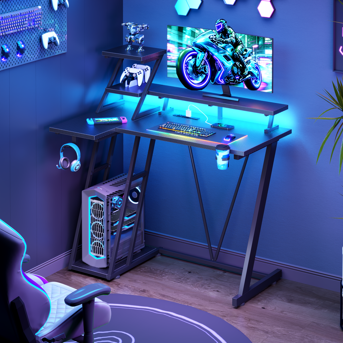 Korfile 40'' Gaming Desk with Power Outlet & LED, Carbon Fiber Black | Computer Gaming Table, Corner Desk, L Shaped, Reversible, Storage Shelves, Monitor Stand, for gaming, work