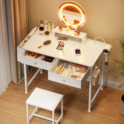 Vanity Desk with Mirror and Light, Makeup Table Set with Chair for Girls Teen, Make Up Dresser with 2 Drawers and Power Outlet, 32 Inch Dressing Table with Cushion Stool for Bedroom, White