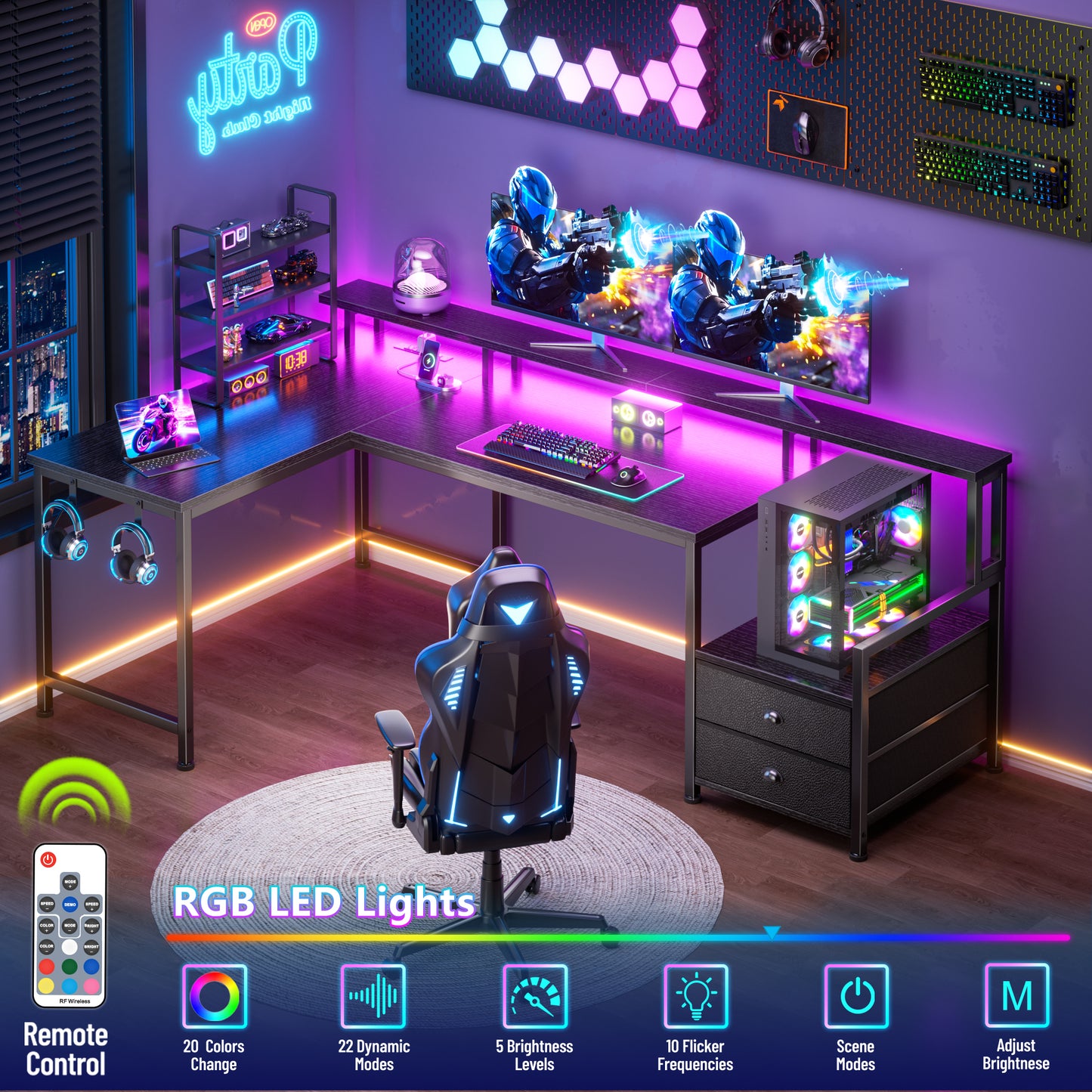 Korfile 57'' L Shaped Gaming Desk with Storage Drawers, Power Outlets, LED | Black Computer Desk with Host Stand, Reversible Corner Design for Gaming, Work, Home Office, Study Room, Bedroom
