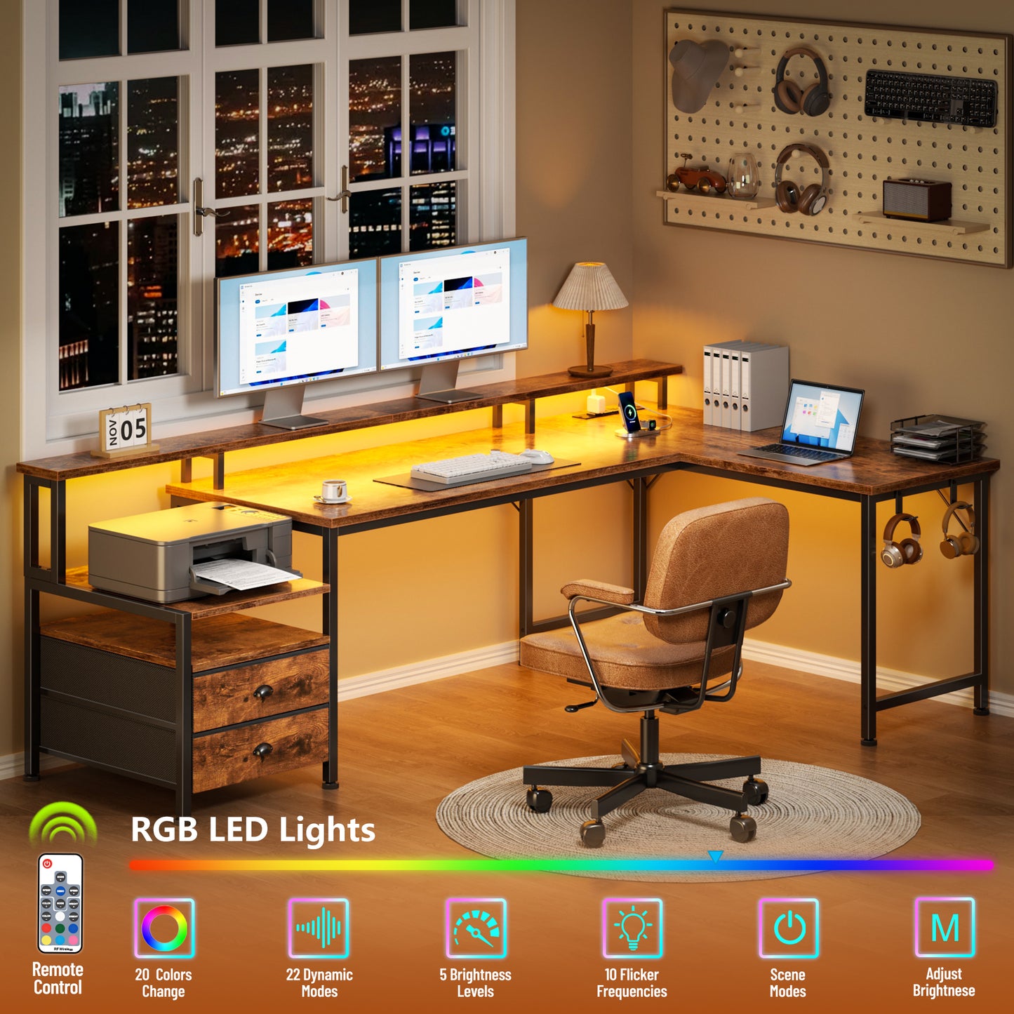 66" L Shaped Desk with Power Outlets and USB-C Port, Reversible Office Desk with drawers and Storage Shelves, Computer desk with Led Lights and Host stand for Home Office, Gaming, Work, Rustic Brown