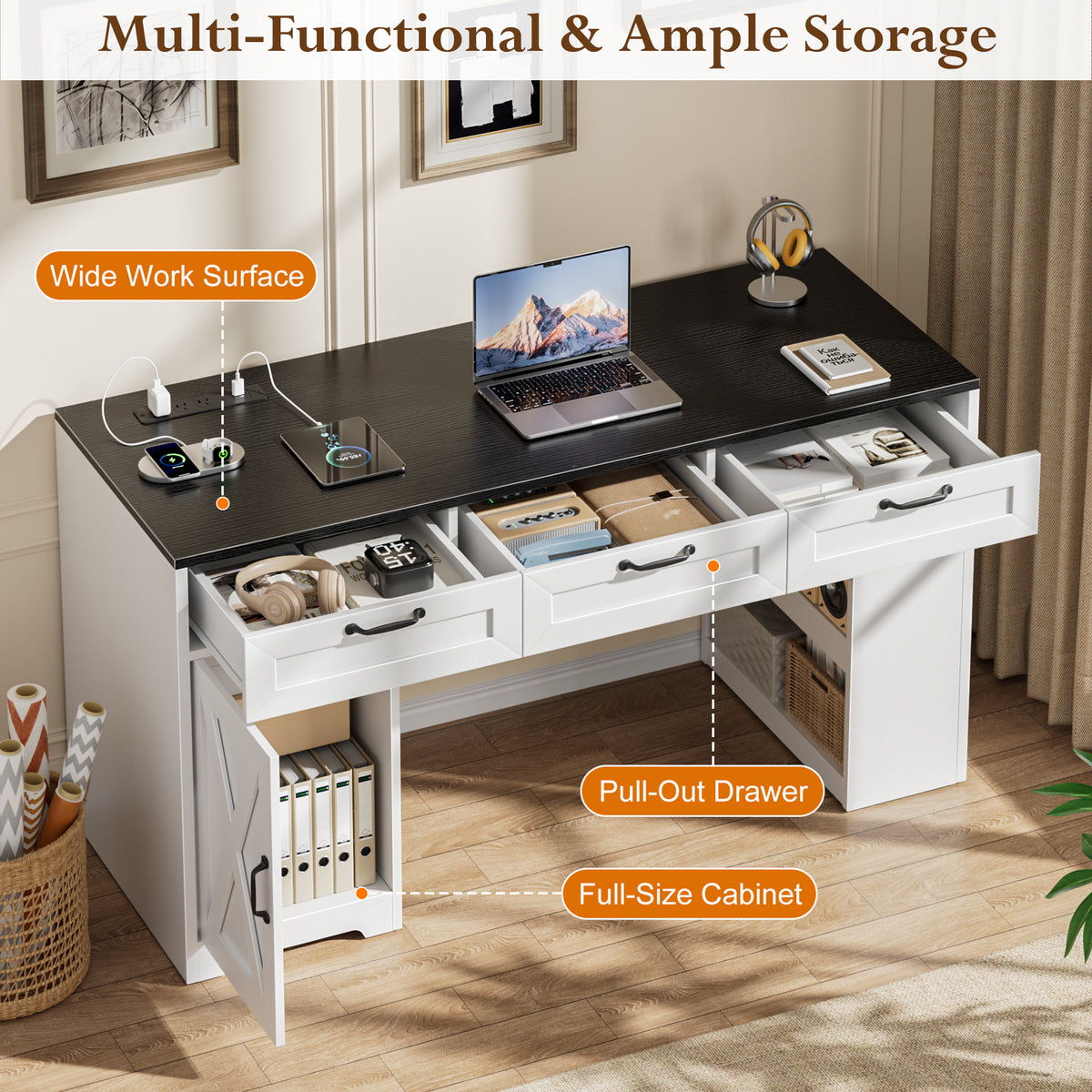 55'' Farmhouse Computer Desk with Drawers for Home Office, Walnut Black