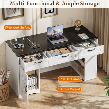 55'' Farmhouse Computer Desk with Drawers for Home Office, Walnut Black