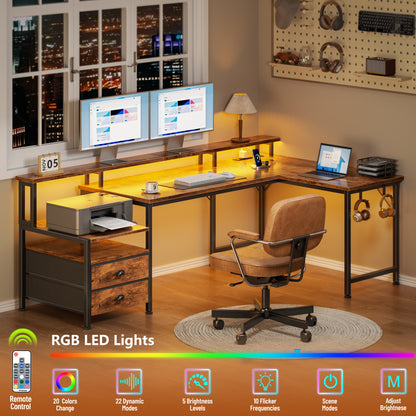 Korfile 57'' L Shaped Computer Desk with Storage Drawers, Power Outlet, LED | Office Desk with Host Stand, Reversible Corner Design for Gaming, Work, Home Office, Study Room, Bedroom