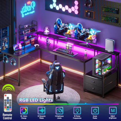 Korfile 66" L Shaped Gaming Desk with Drawers and Storage Shelves, Reversible Corner Desk with Power Outlets and Host Stand, Large Computer Desk with Led Lights for Gaming, Work, Home Office, Black