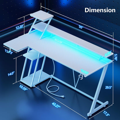 55 Inch White Gaming Desk with LED Lights & Power Outlet, Gaming Computer Desk with Storage Shelves, L Shaped Gamer Workstations with Monitor Stand for Bedroom