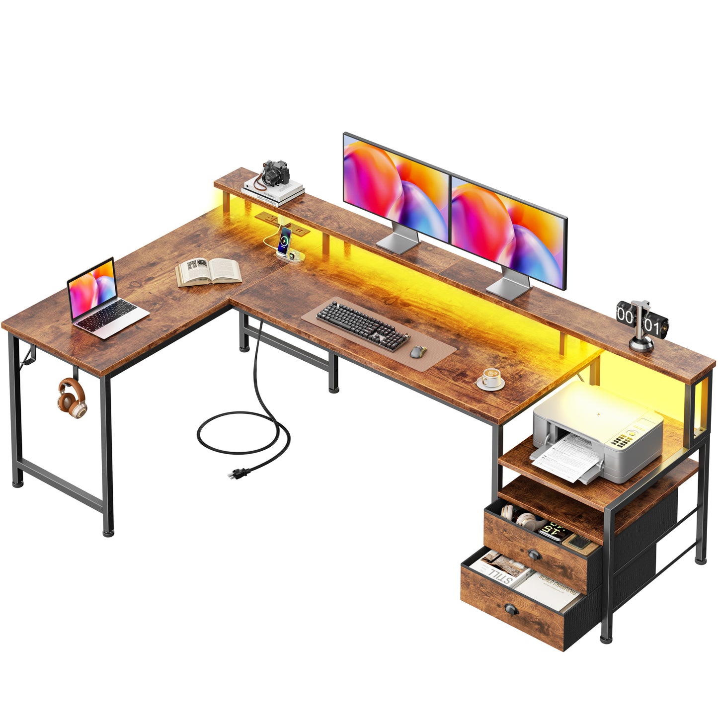Korfile 57'' L Shaped Computer Desk with Storage Drawers, Power Outlet, LED | Office Desk with Host Stand, Reversible Corner Design for Gaming, Work, Home Office, Study Room, Bedroom