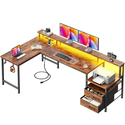 Korfile 57'' L Shaped Computer Desk with Storage Drawers, Power Outlet, LED | Office Desk with Host Stand, Reversible Corner Design for Gaming, Work, Home Office, Study Room, Bedroom