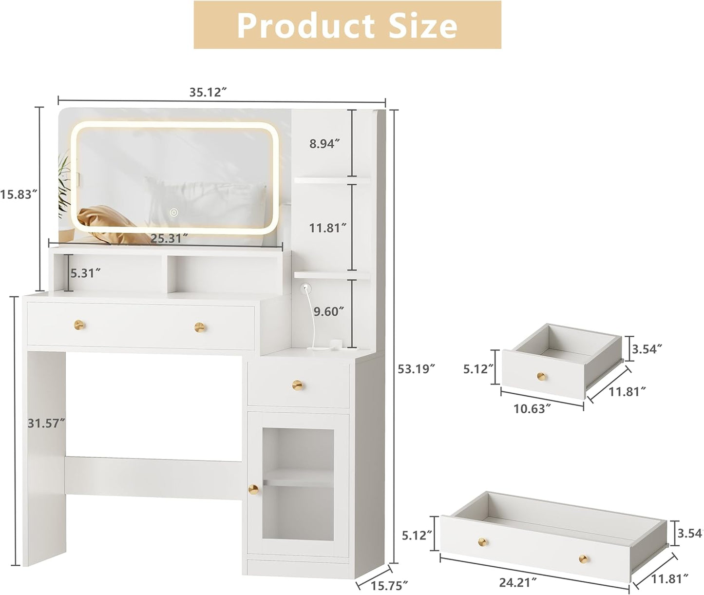 Korfile Makeup Vanity Desk with Lights, 35 inch Vanity Desk with Mirror and Power Outlet, 3 Colors Lighting Adjustable Brightness, Makeup Vanity Set with Cabinet, 2 Drawers, White