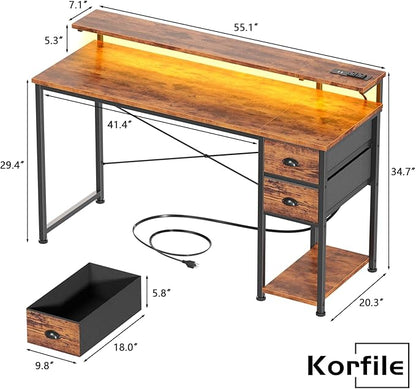 Gaming Desk with Power Outlets & LED Lights - 2 Drawers, Reversible, Full Monitor Stand