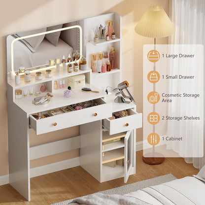 Korfile Makeup Vanity Desk with Lights, 35 inch Vanity Desk with Mirror and Power Outlet, 3 Colors Lighting Adjustable Brightness, Makeup Vanity Set with Cabinet, 2 Drawers, White