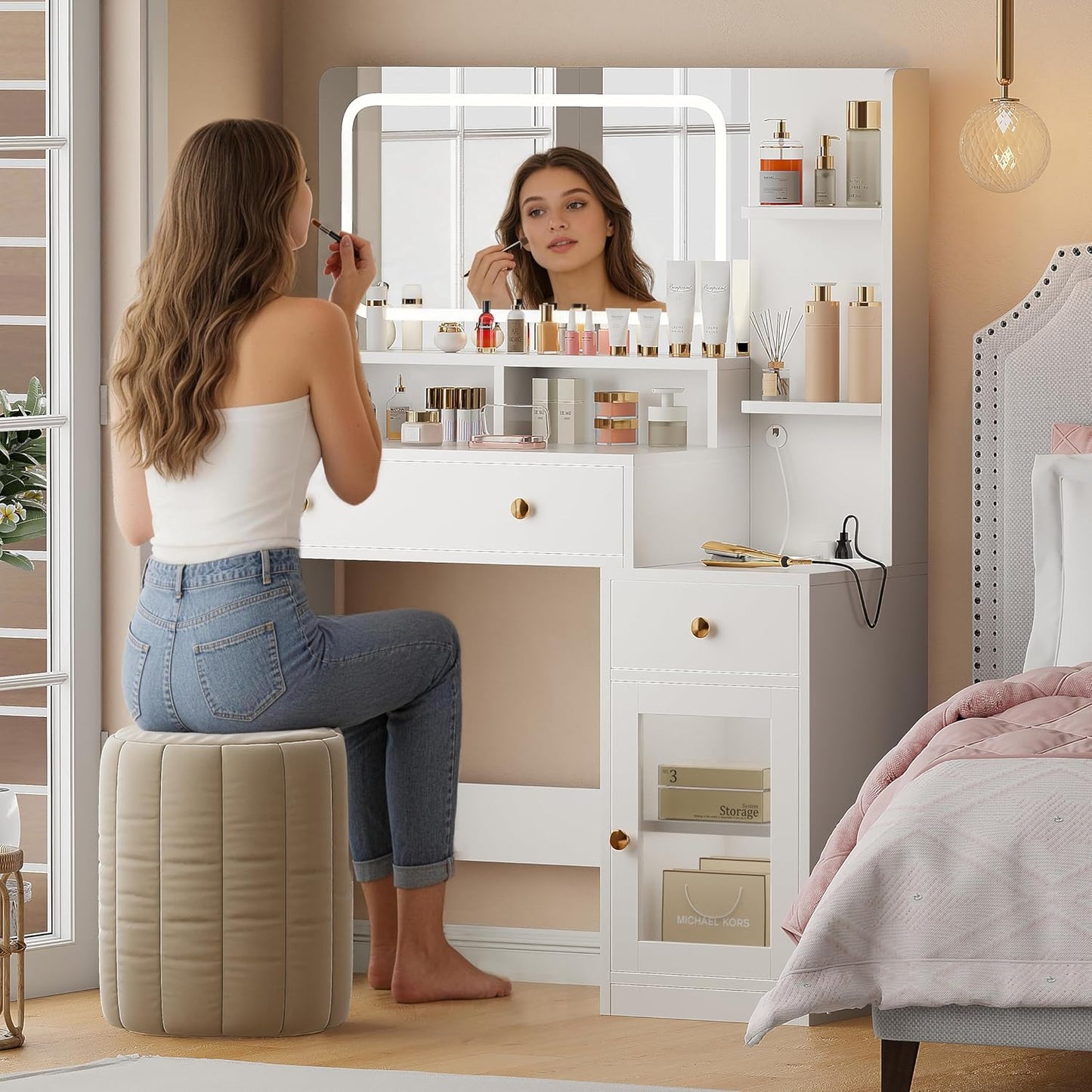 Korfile Makeup Vanity Desk with Lights, 35 inch Vanity Desk with Mirror and Power Outlet, 3 Colors Lighting Adjustable Brightness, Makeup Vanity Set with Cabinet, 2 Drawers, White