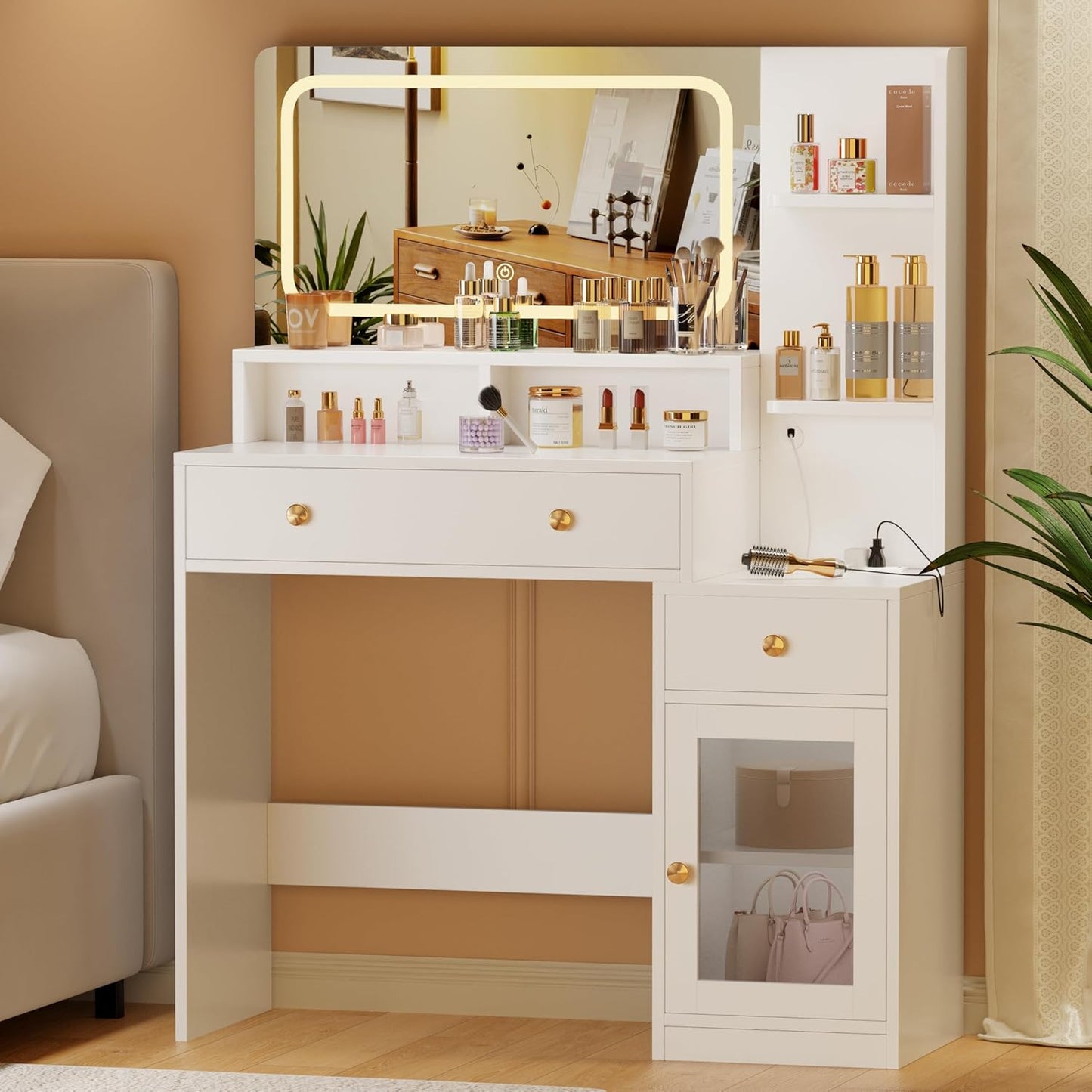 Korfile Makeup Vanity Desk with Lights, 35 inch Vanity Desk with Mirror and Power Outlet, 3 Colors Lighting Adjustable Brightness, Makeup Vanity Set with Cabinet, 2 Drawers, White