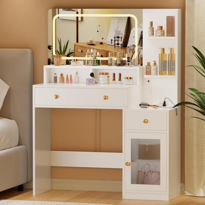 Korfile Makeup Vanity Desk with Lights, 35 inch Vanity Desk with Mirror and Power Outlet, 3 Colors Lighting Adjustable Brightness, Makeup Vanity Set with Cabinet, 2 Drawers, White