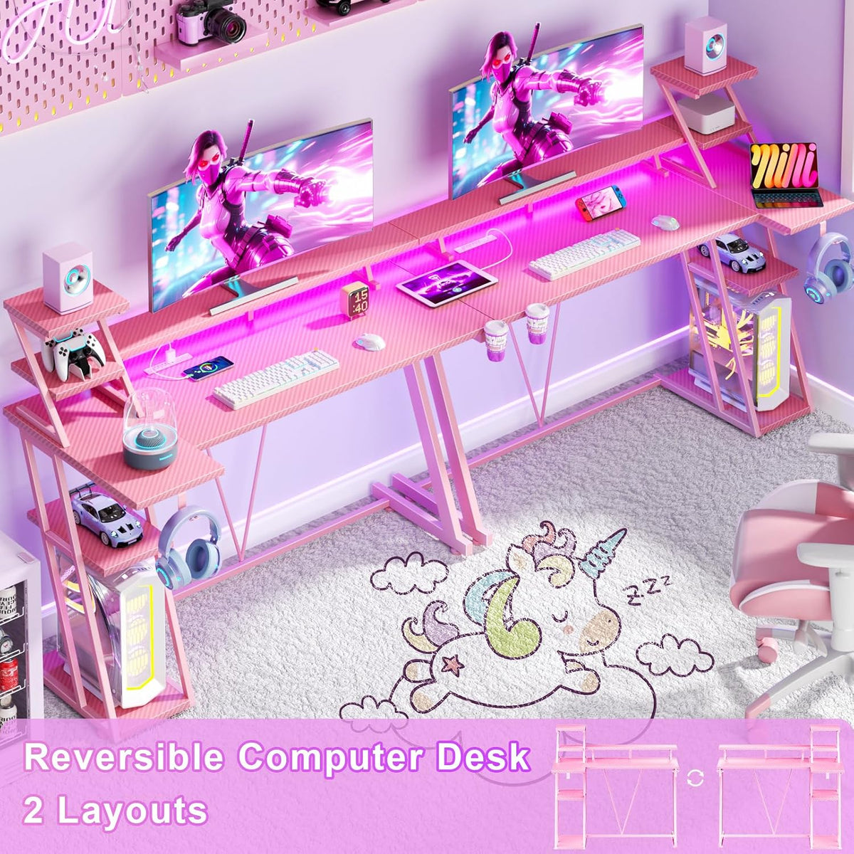Korfile 55 Inch Pink Gaming Desk with LED Lights & Power Outlet, Gaming Computer Desk with Storage Shelves, L Shaped Gamer Workstations with Monitor Stand for Bedroom