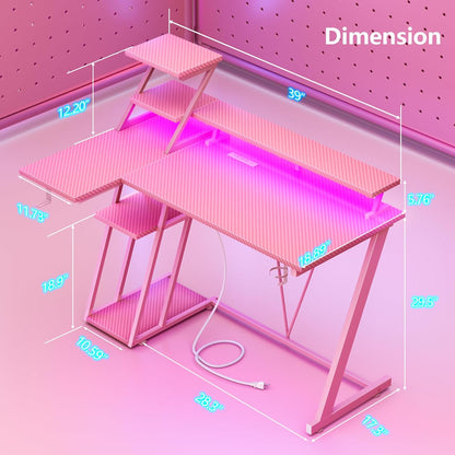 47 Inch Pink Gaming Desk with LED Lights & Power Outlet, Gaming Computer Desk with Storage Shelves, L Shaped Gamer Workstations with Monitor Stand for Bedroom