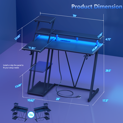 Korfile 40'' Gaming Desk with Power Outlet & LED, Carbon Fiber Black | Computer Gaming Table, Corner Desk, L Shaped, Reversible, Storage Shelves, Monitor Stand, for gaming, work