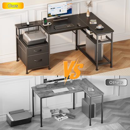 Korfile 49 Inch L Shaped Gaming Desk with Power Outlets, Reversible Computer Desk with 2 Fabric Drawers & Printer Stand, Office Desk with Mesh Shelves, Black