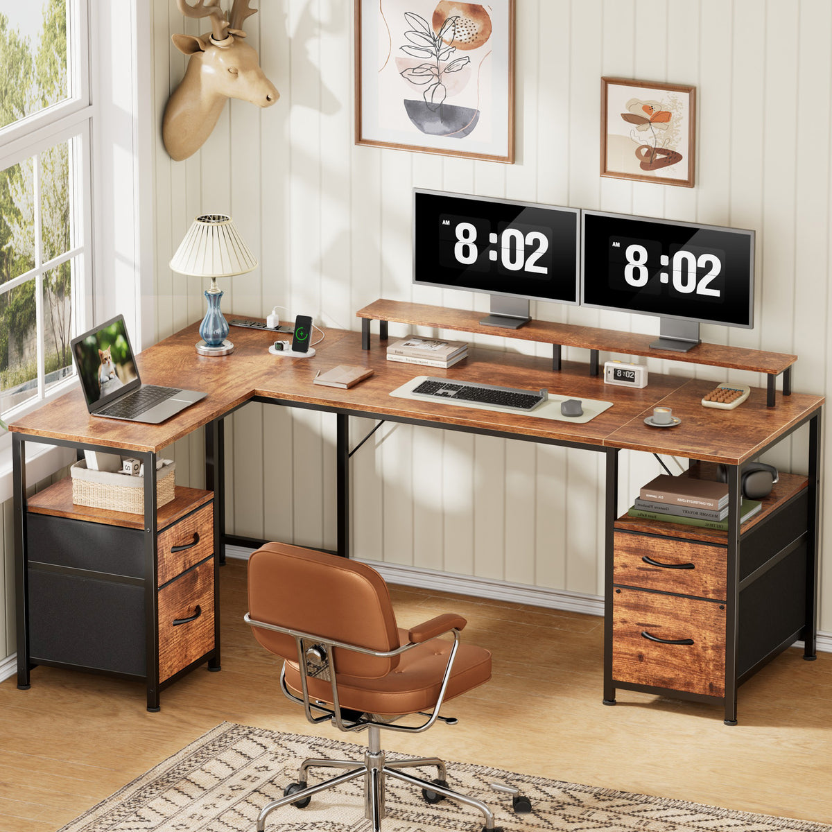 Korfile 57" Computer L Shaped Desk w/File Drawer, Rustic Brown | Home Office Desk w/ 4 Drawers, LED Lights, Reversible, Monitor Stand, Gaming Table for Corner Space, Ideal for Study, Writing