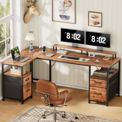 Korfile 57" Computer L Shaped Desk w/File Drawer, Rustic Brown | Home Office Desk w/ 4 Drawers, LED Lights, Reversible, Monitor Stand, Gaming Table for Corner Space, Ideal for Study, Writing