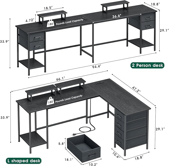66" L Shaped Desk with Power Outlets - 4 Drawers, 2 Monitor Stands | Office & Gaming for 2