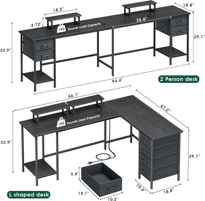66" L Shaped Desk with Power Outlets - 4 Drawers, 2 Monitor Stands | Office & Gaming for 2
