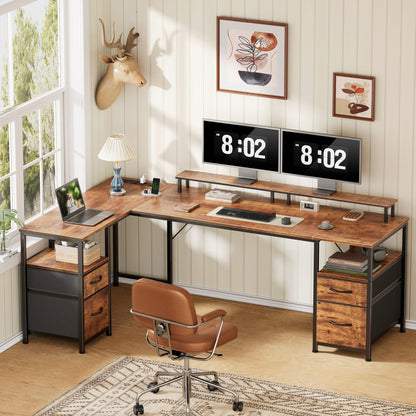 Korfile 65" L Shaped Computer Desk with File Drawer, Rustic Brown | Home Office Desk w/ 4 Drawers, LED Lights, Reversible, Monitor Stand, Gaming Table for Corner Space, Ideal for Study, Writing