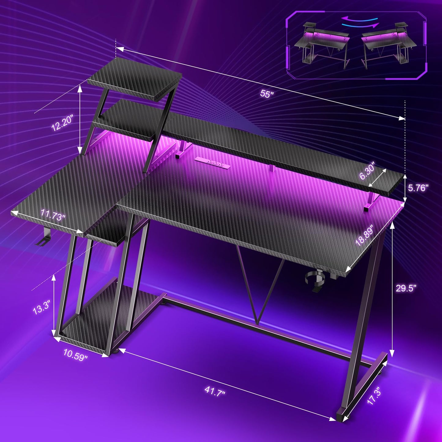 Korfile 55 Inch Black Gaming Desk with LED Lights & Power Outlet, Gaming Computer Desk with Storage Shelves, L Shaped Gamer Workstations with Monitor Stand for Bedroom