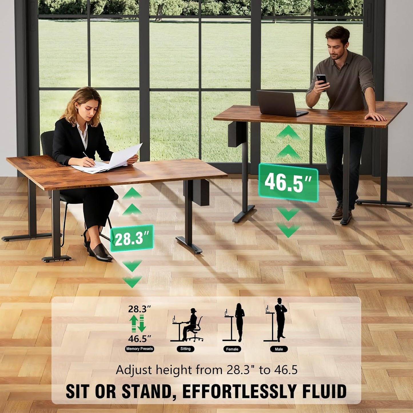 L Shaped Electric Standing Desk,63 Inch Adjustable Height Sit to Stand Corner Desk with Memory Presets,Reversible Computer Table for Home Office,Work and Study,Rustic Brown