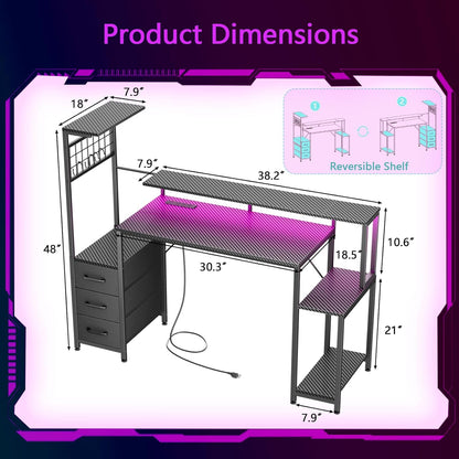 Korfile 48 Inch Gaming Desk with LED Lights & Power Outlets,Computer Desk with Fabric Drawers & Side Hook,Reversible Gamer Table with Monitor Stand for Game Room,Home Office,Carbon Fiber Black